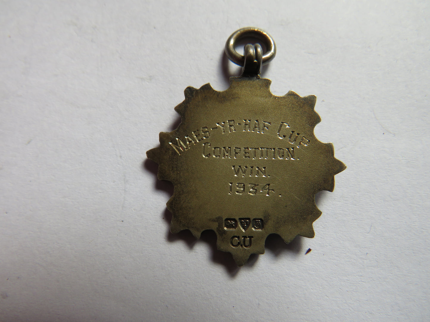 Antique Silver Fob Medal Welsh Dragon Inscribed 1934