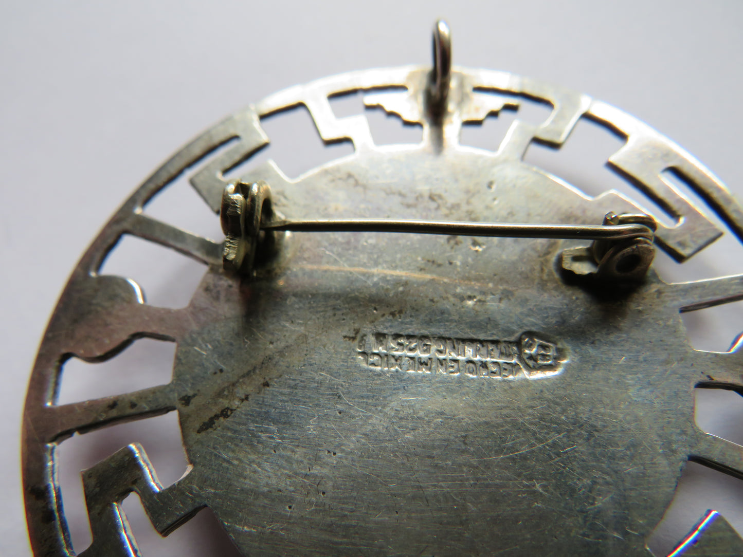 Vintage Mexican Sterling Silver Disc Brooch - Aztec - Good Size