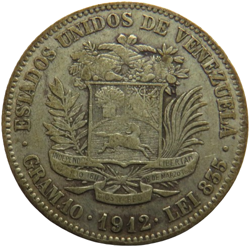 1912 Venezuela Silver 2 Bolivares Coin
