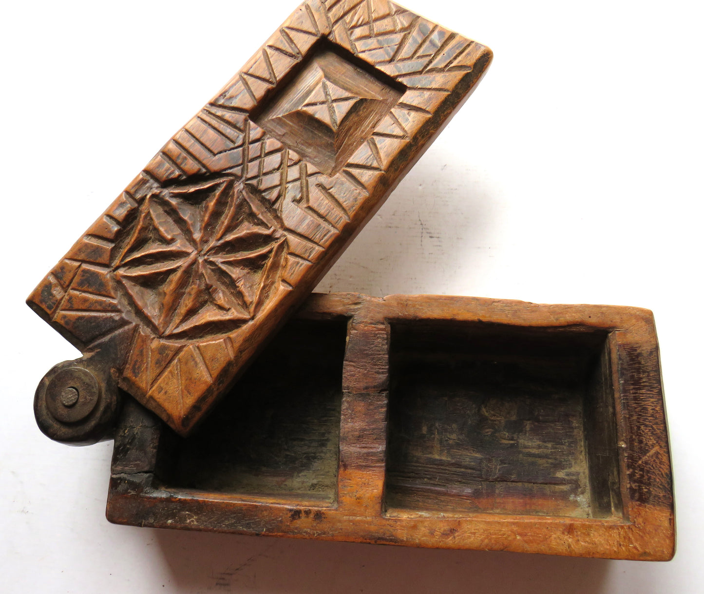 Vintage Hand Carved 2 Compartments Wooden Spice Box