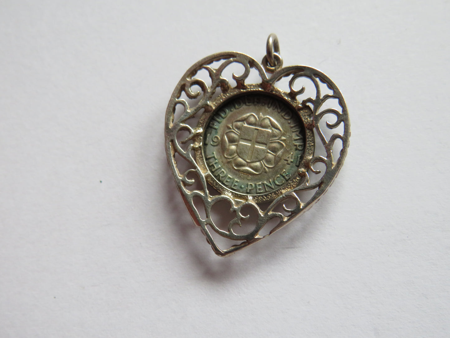 Vintage White Metal Heart Pendant With 1941 Silver Threepence Coin