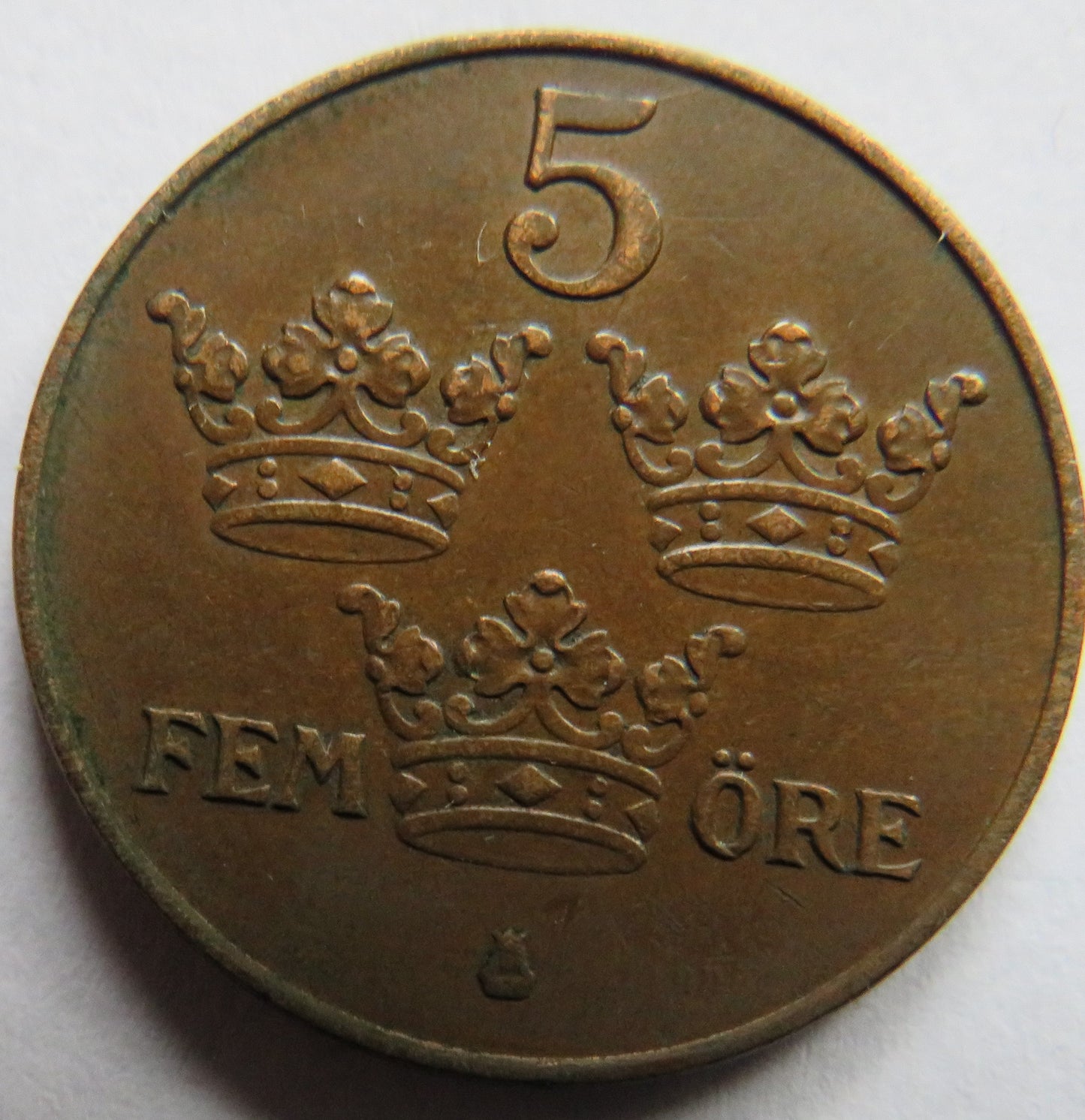 1921 Sweden 5 Ore Coin