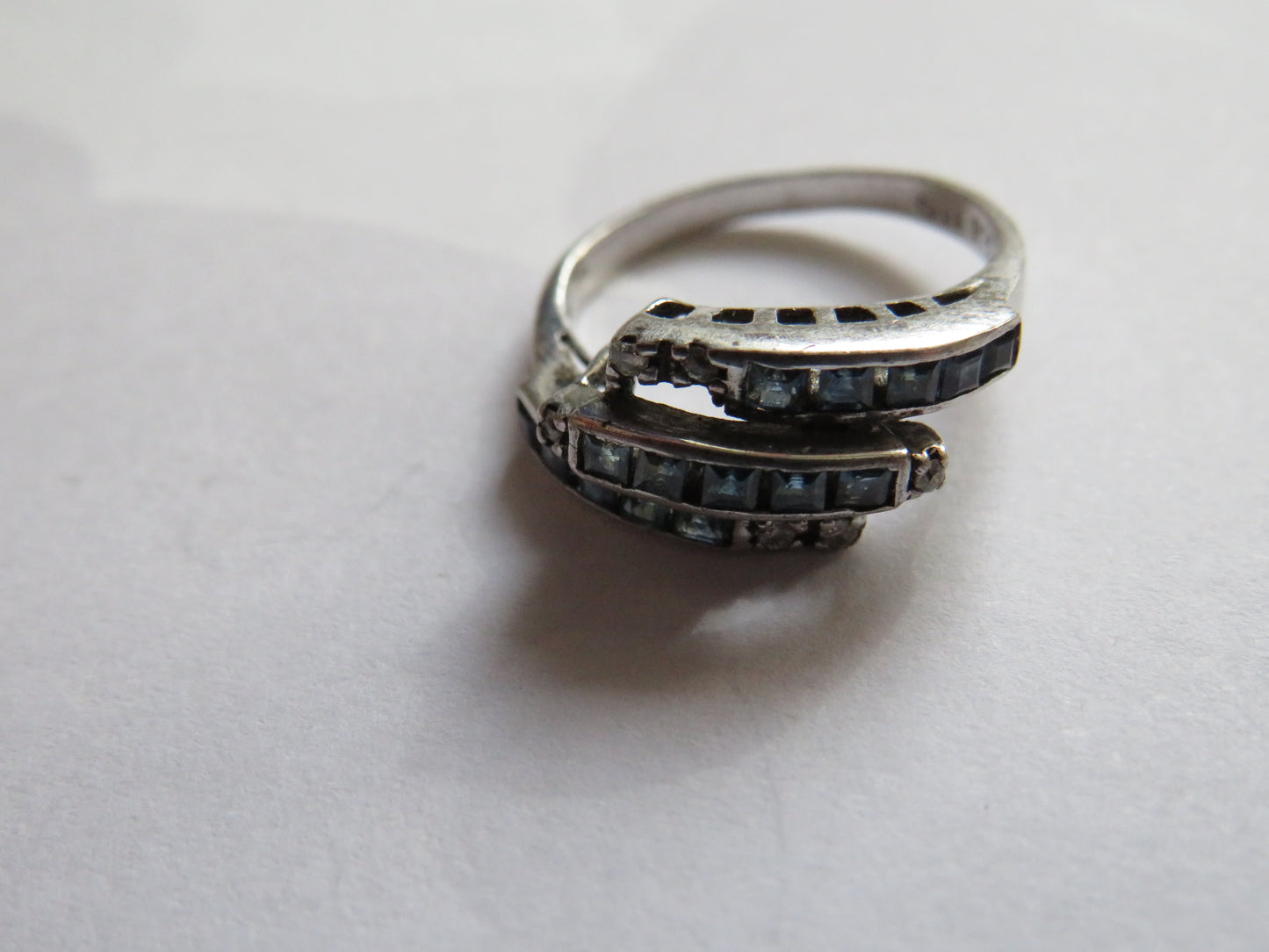 1980's Sterling Silver, Clear & Blue Stone Ring - L & 1/2