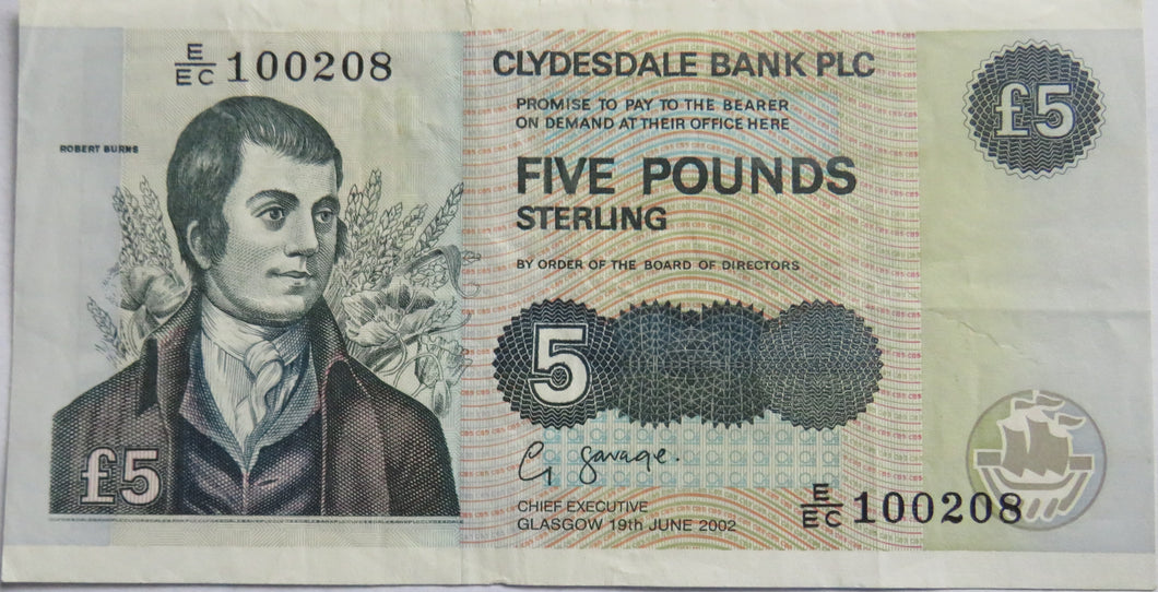 2002 Clydesdale Bank PLC £5 Note Robert Burns