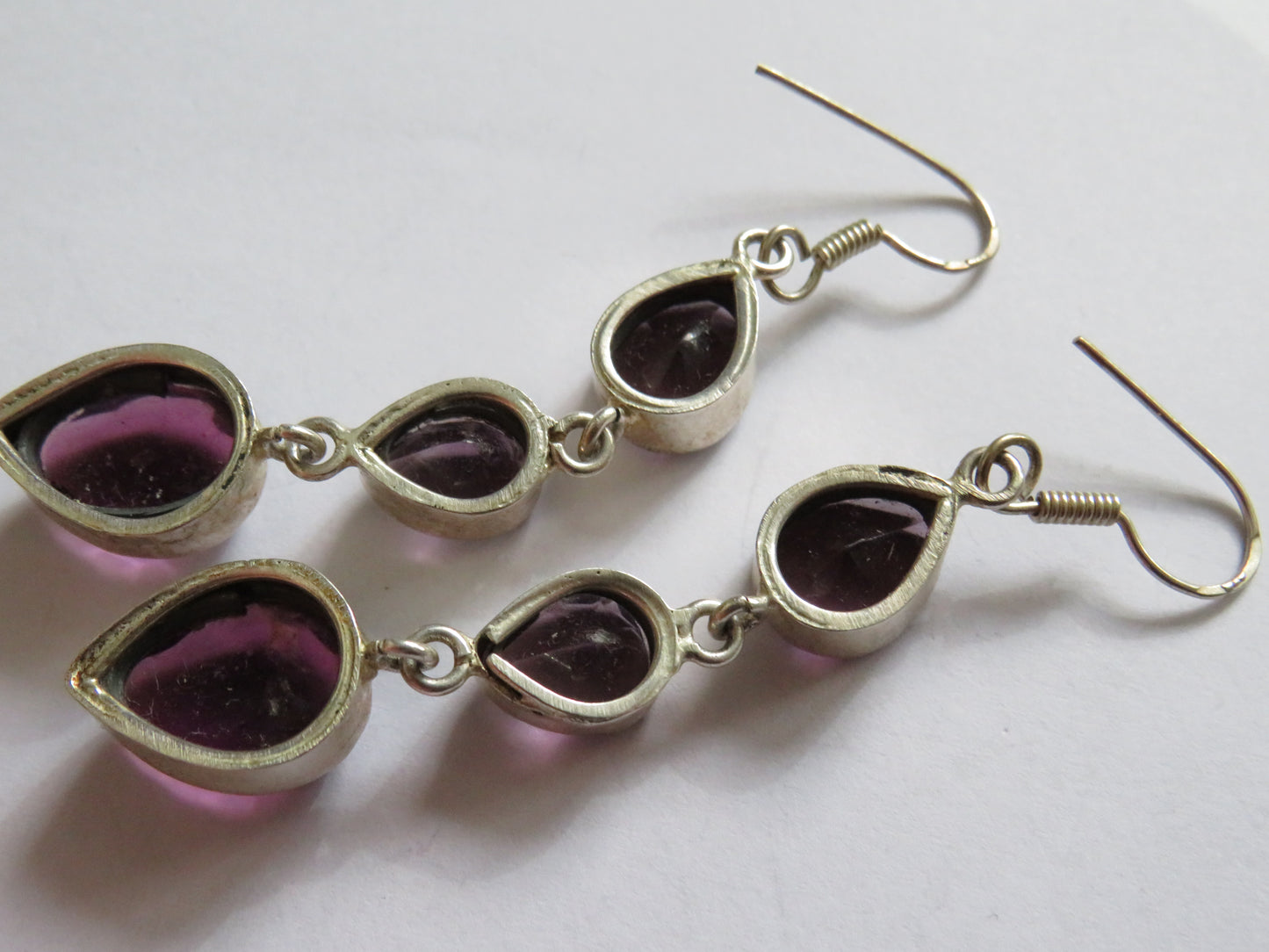 Vintage Pair of Ladies Sterling Silver & Purple Stone Drop Earrings
