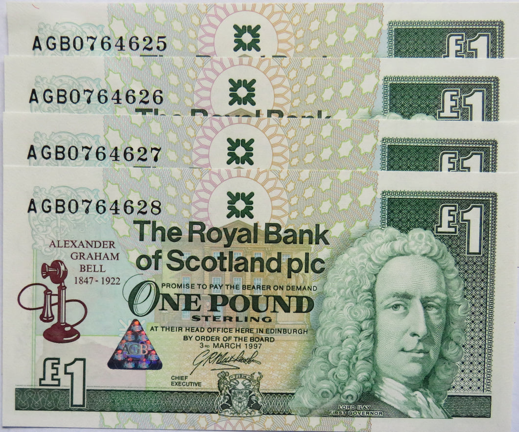 4 x 1997 The Royal Bank of Scotland £1 Notes Alexander Graham Bell Consecutive Numbers