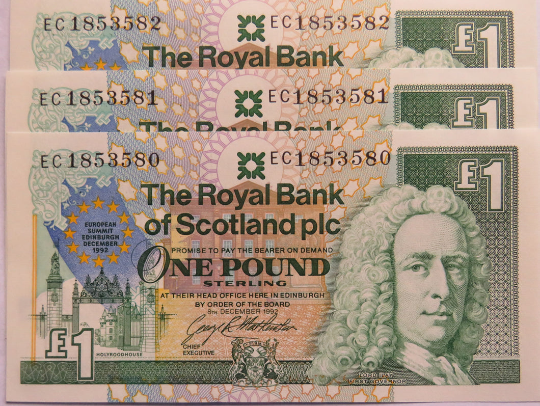 3 x 1992 The Royal Bank of Scotland £1 Notes Consecutive European Summit 