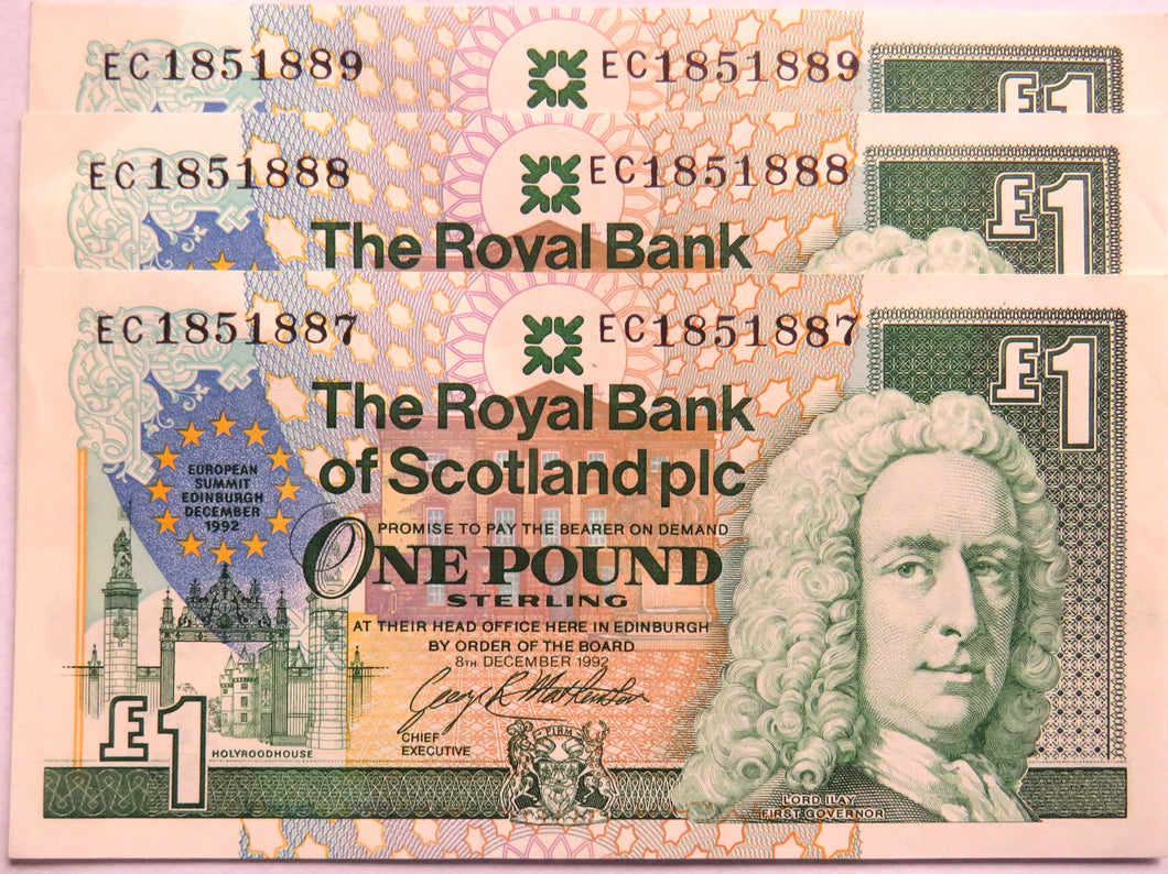 3 x 1992 The Royal Bank of Scotland £1 Notes Consecutive
