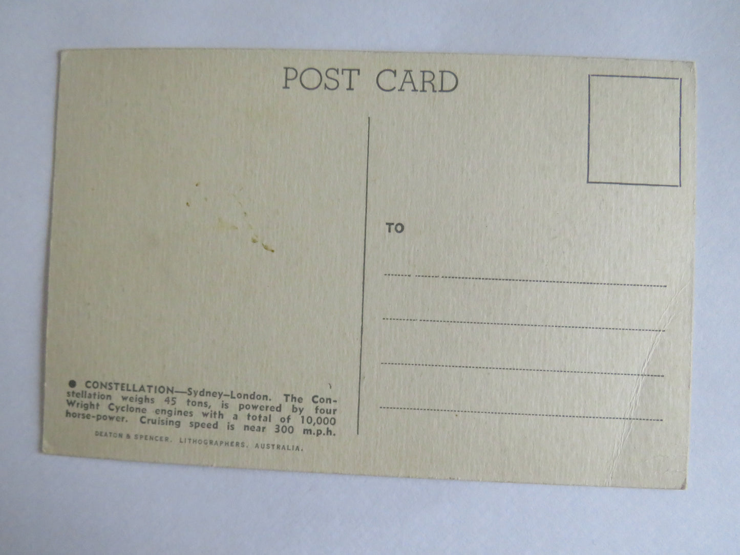 Vintage Aircraft Postcard of Constellation Sydney - London