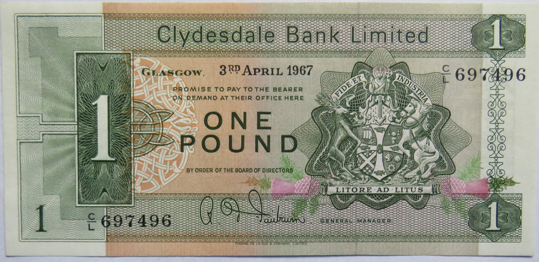 1967 Clydesdale Bank Limited £1 One Pound Note