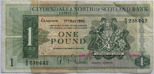 Load image into Gallery viewer, 1962 Clydesdale &amp; North of Scotland Bank Limited £1 One Pound Note
