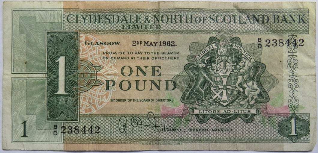 1962 Clydesdale & North of Scotland Bank Limited £1 One Pound Note
