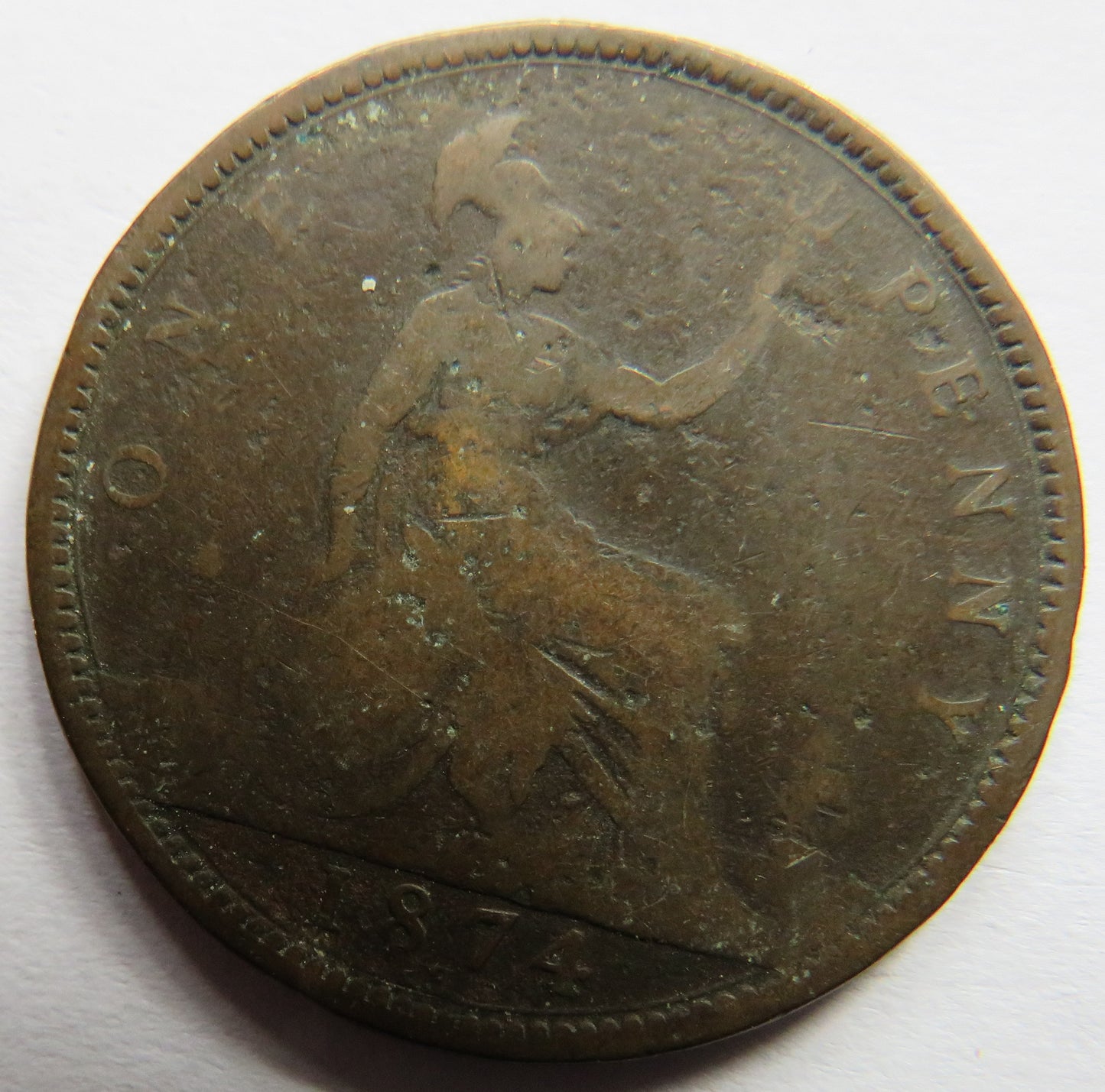1874-H Queen Victoria Bun Head One Penny Coin - Great Britain