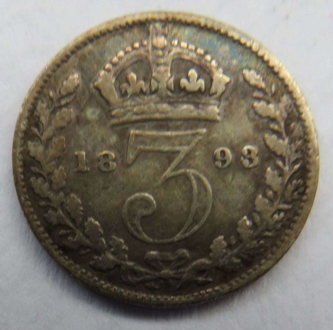 1893 Queen Victoria Jubilee Head Silver Threepence Coin - Great Britain