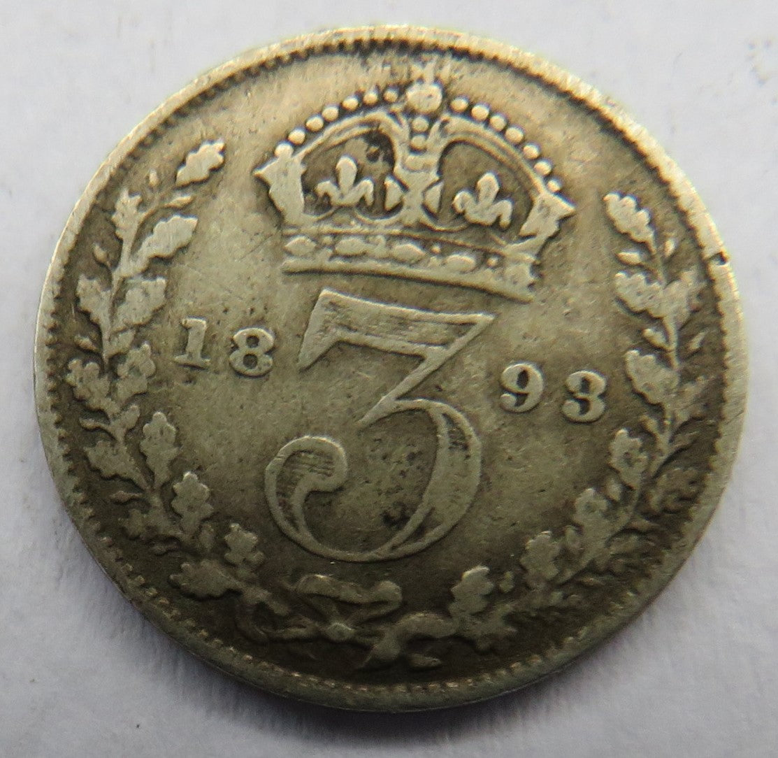 1893 Queen Victoria Jubilee Head Silver Threepence Coin - Great Britain