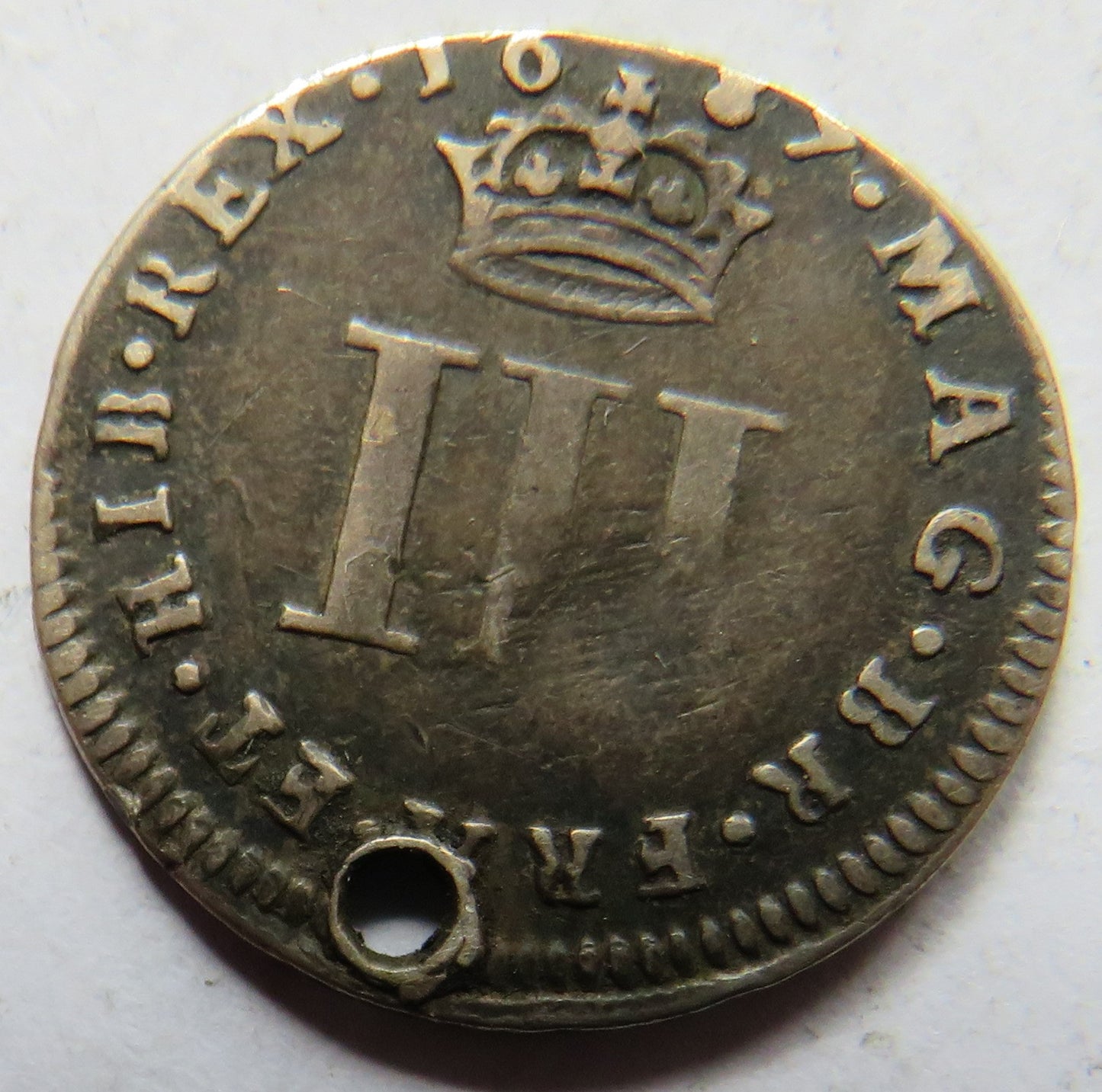 1687 King James II silver Threepence Coin (Holed)