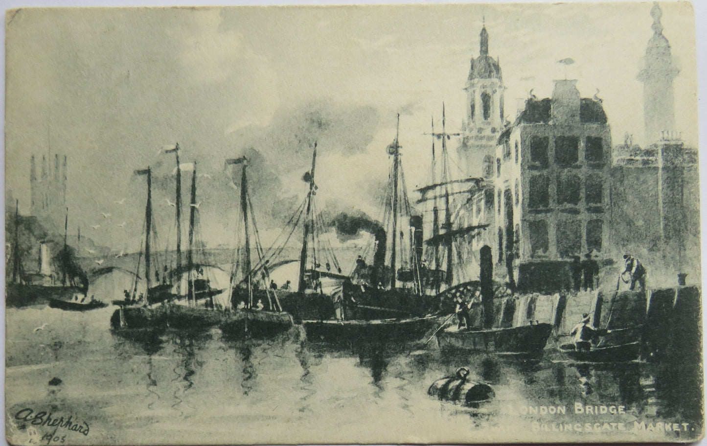 Vintage Shipping Postcard London Bridge Billingsgate Market 1904
