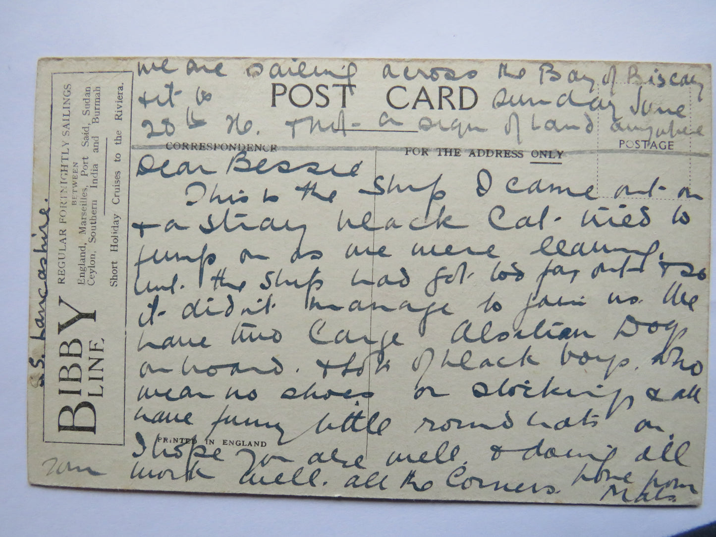 Vintage Shipping Postcard of "Bibby Line"& S.S. Lancashire