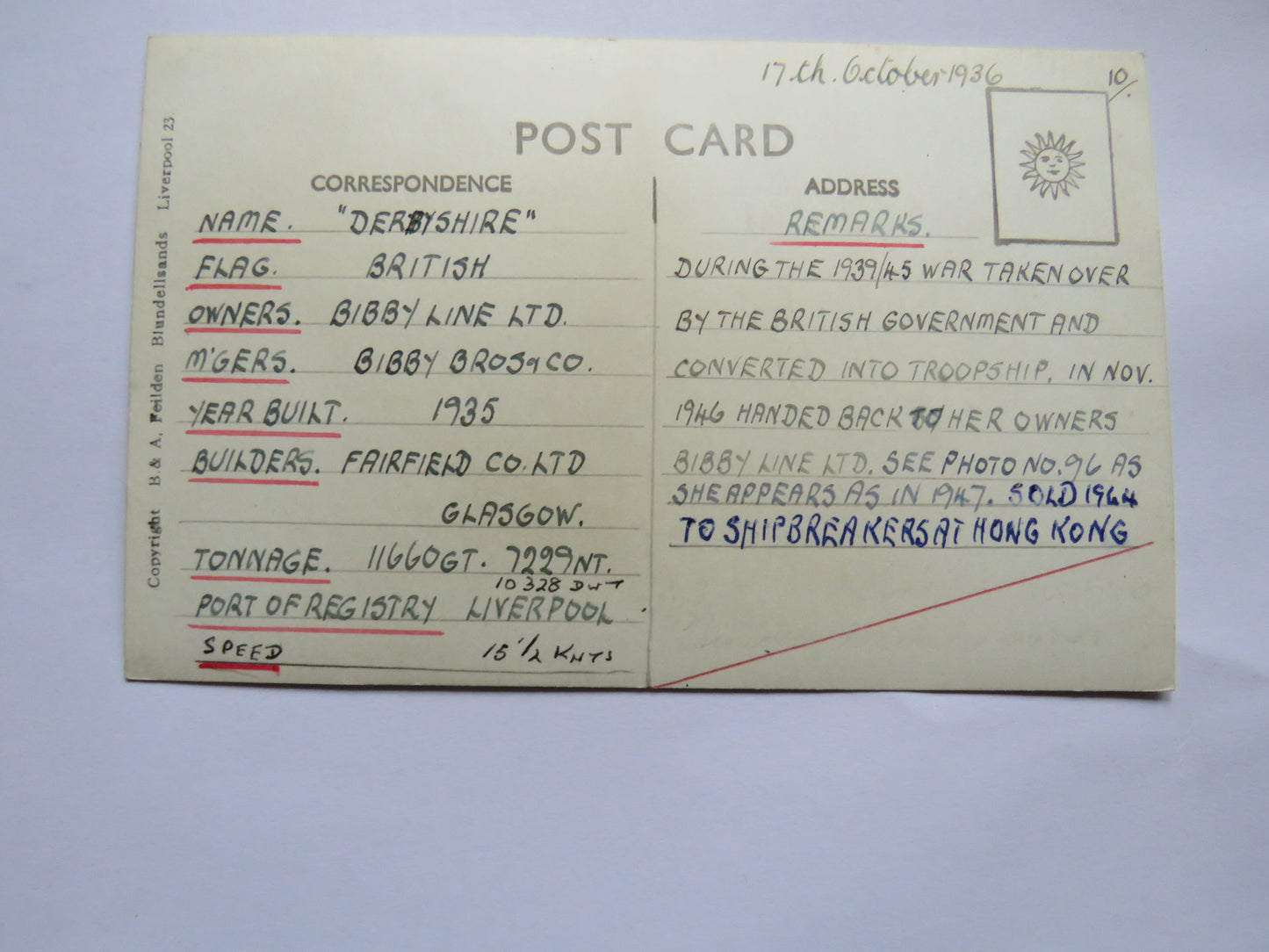 Vintage Shipping Postcard of M.V. "Derbyshire"