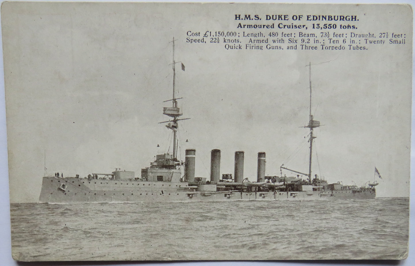 Vintage Warship Postcard of H.M.S / HMS "Duke of Edinburgh" Armoured Cruiser