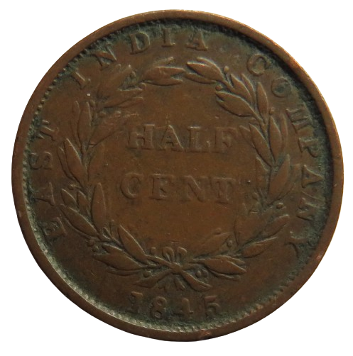 1845 Queen Straits Settlements India Company Half Cent Coin