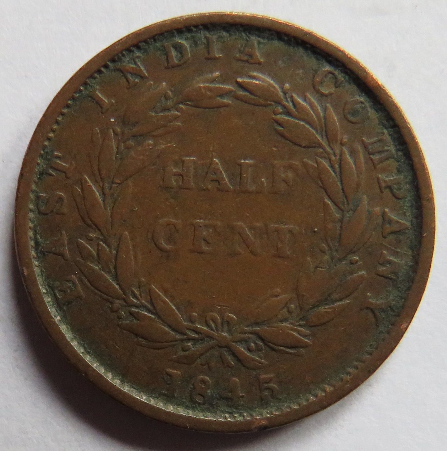 1845 Queen Straits Settlements India Company Half Cent Coin