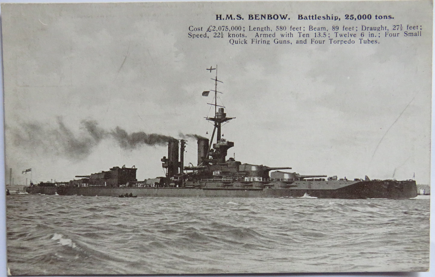 Vintage Warship Postcard of H.M.S / HMS "Benbow" Battleship