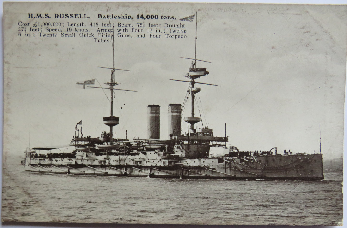 Vintage Warship Postcard of H.M.S / HMS Russell Battleship