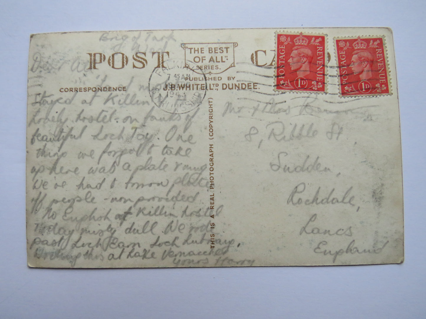 Vintage Postcard of Loch Katrine and Ben Venue Trossachs 1943
