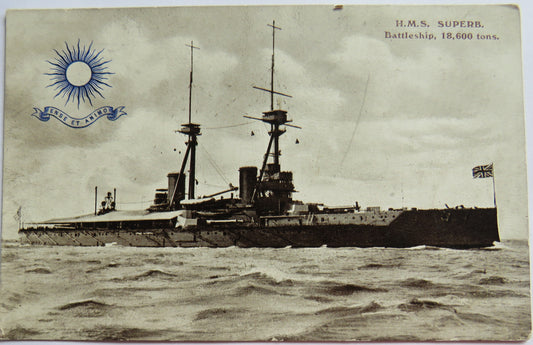 Vintage Warship Postcard of The H.M.S. / HMS Superb Battleship