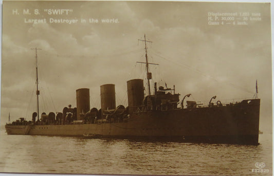 Vintage Warship Postcard of The H.M.S. / HMS Swift Largest Destroyer In The World