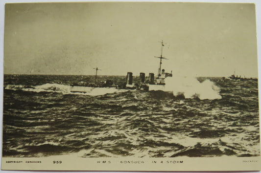 Vintage Warship Postcard of The H.M.S. / HMS "Nonsuch" In A Storm