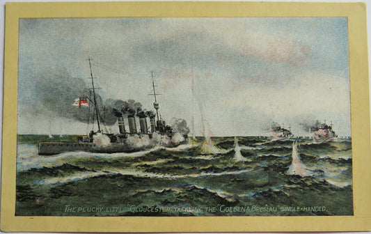 Vintage Warship Postcard of The Plucky Little "Gloucester" Tackling The "Goeben & Breslau