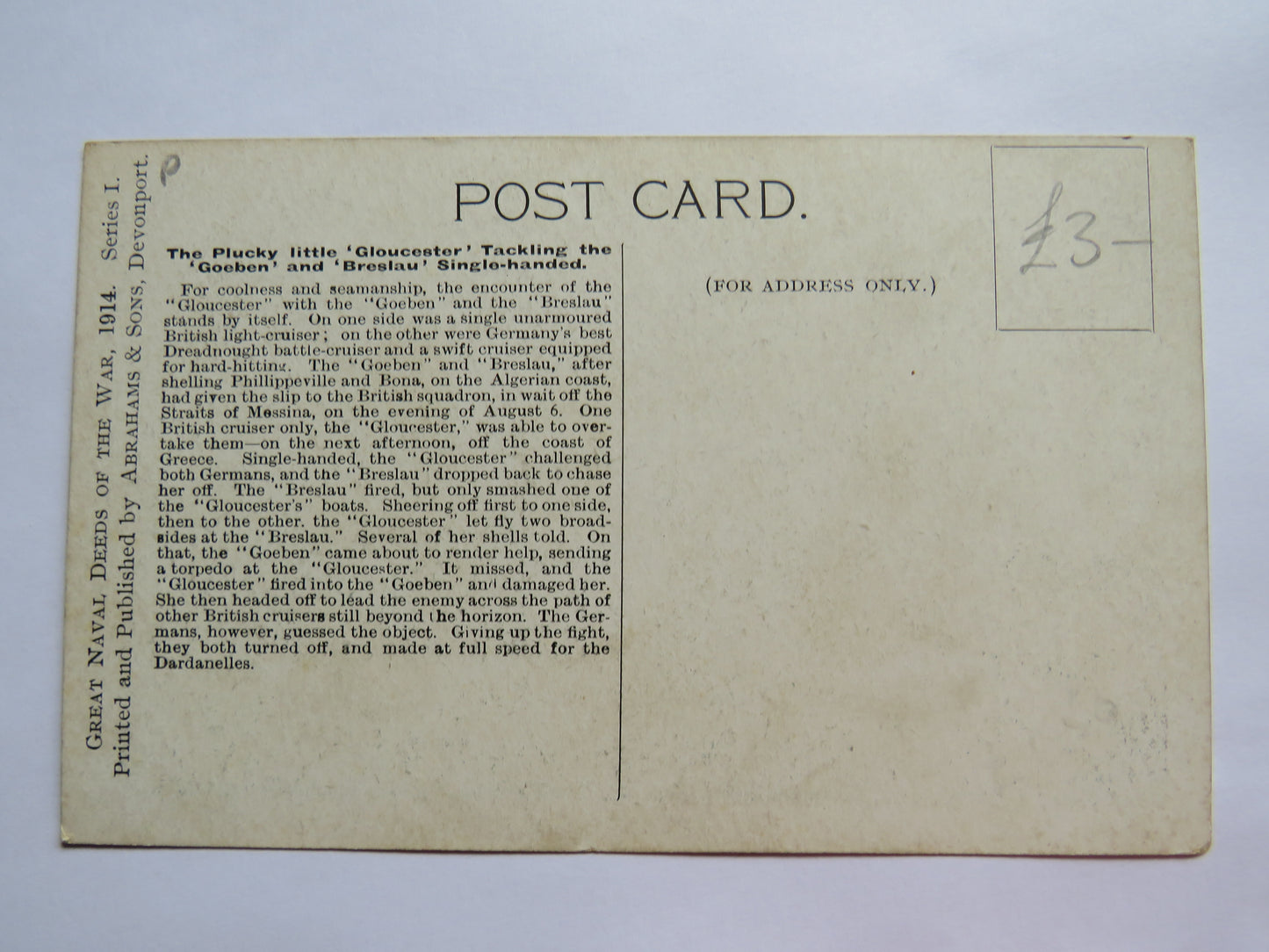Vintage Warship Postcard of The Plucky Little "Gloucester" Tackling The "Goeben & Breslau