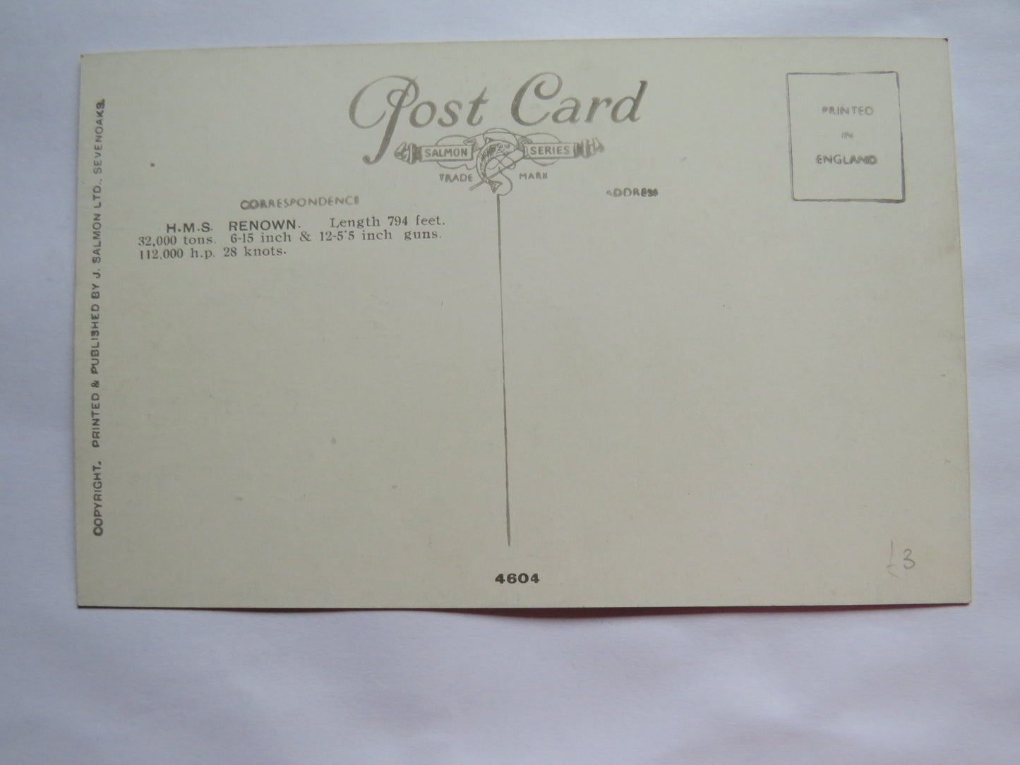 Vintage Warship Postcard of a H.M.S / HMS Renown