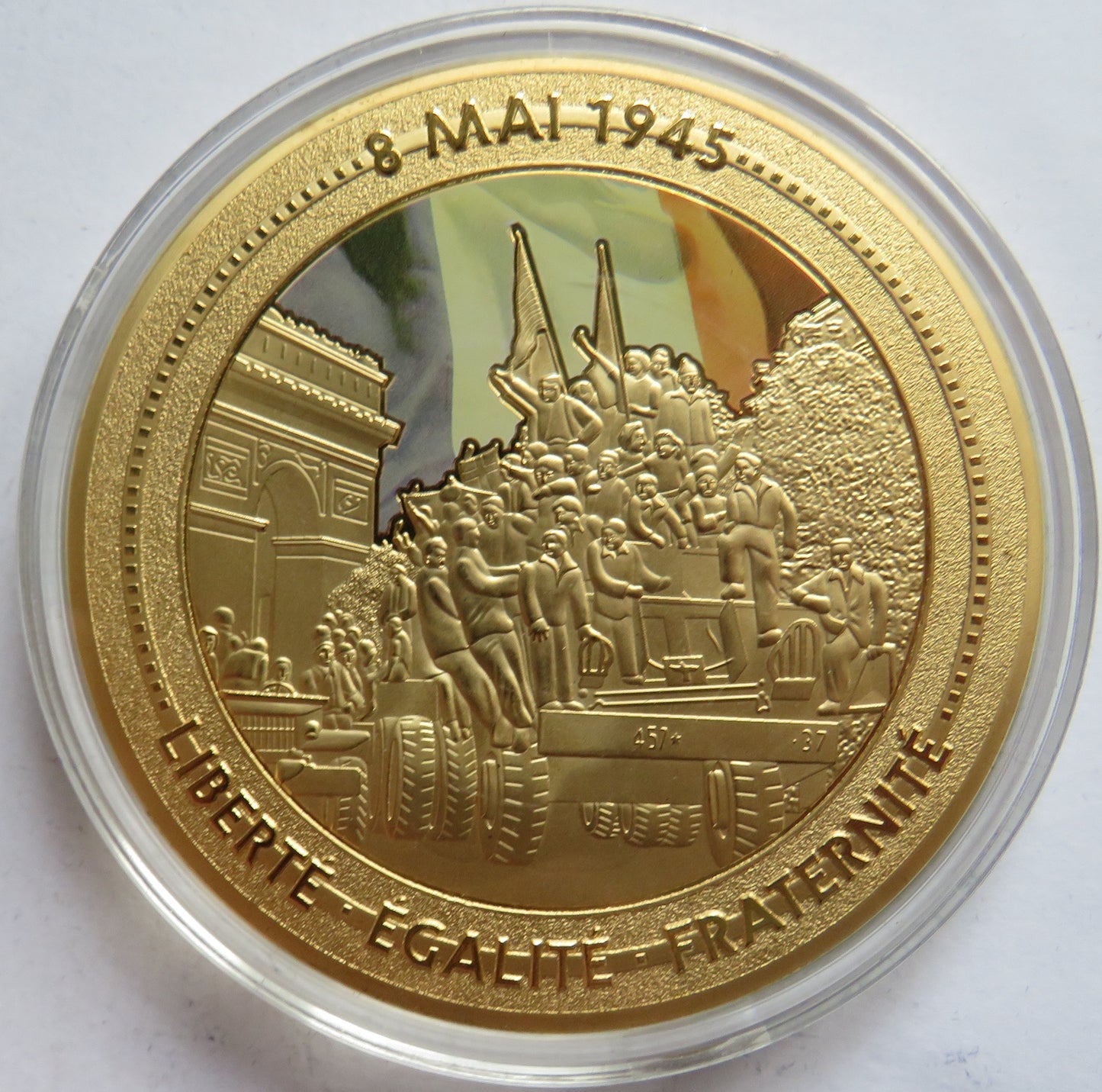 Liberte Egalite Fraternite Large Gold Plated Commemorative Coin End of WWII