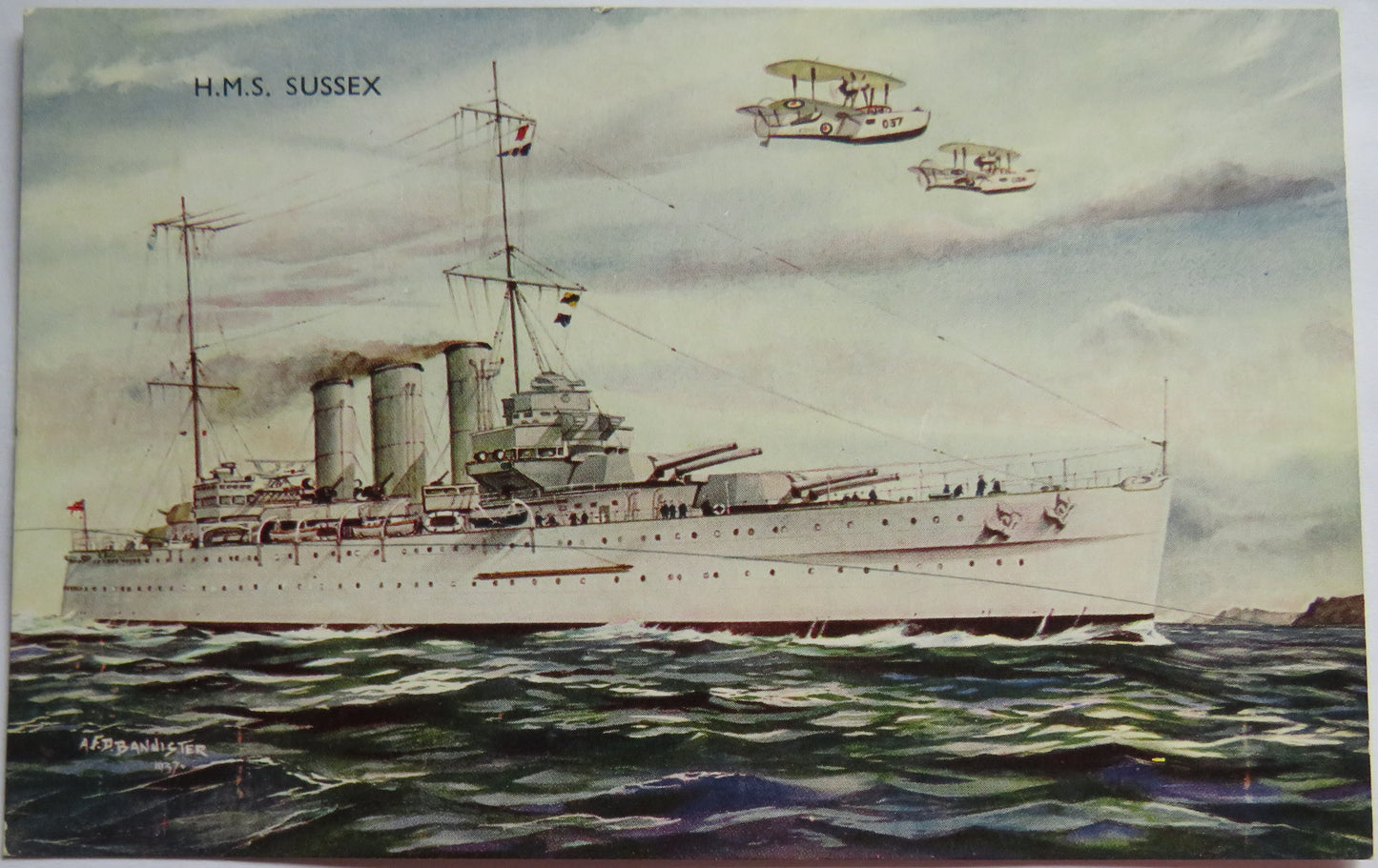 Vintage Warship Postcard of a H.M.S / HMS Sussex