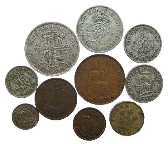 1937 King George VI 10 Coin Year Set Halfcrown - Farthing Great Britain