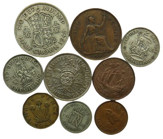 1945 King George VI 9 Coin Year Set Halfcrown - Farthing Great Britain