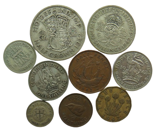 1942 King George VI 9 Coin Year Set Halfcrown - Farthing Great Britain