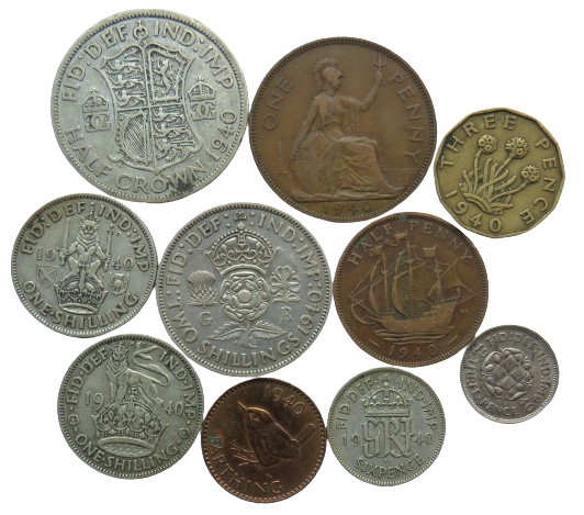 1940 King George VI 10 Coin Year Set Halfcrown - Farthing Great Britain