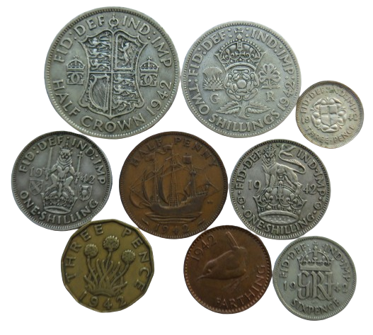1942 King George VI 9 Coin Year Set Halfcrown - Farthing Great Britain