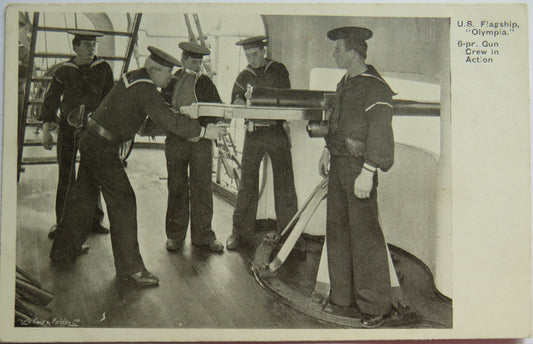 Vintage Warship Postcard of U.S. Flagship "Olympia" 6-pr Gun Crew In Action