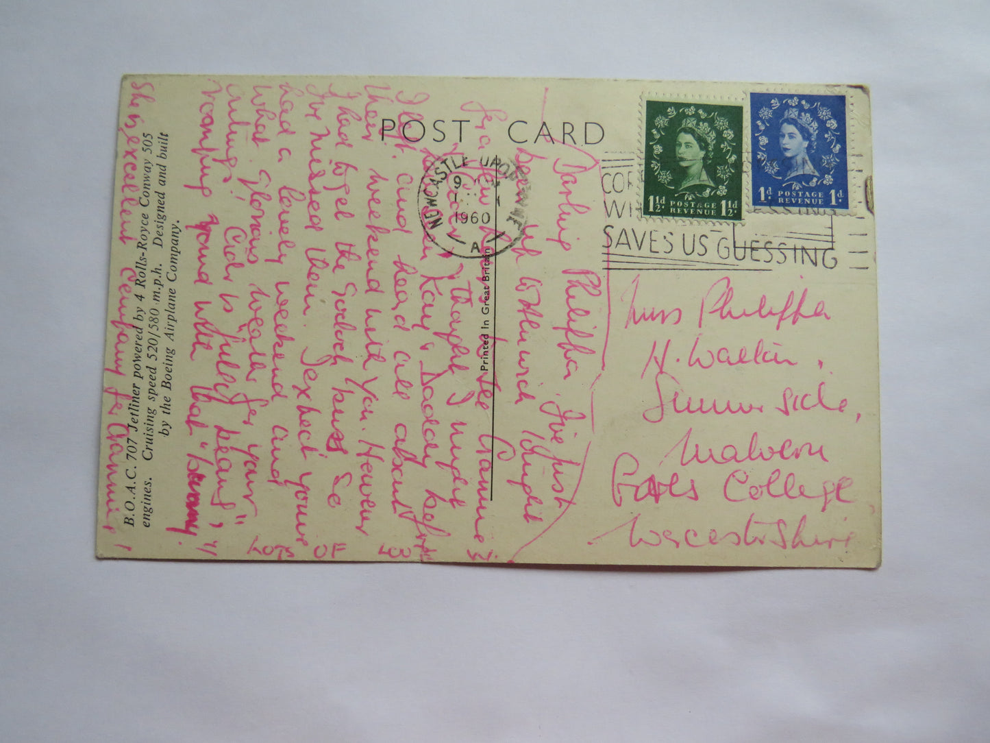Vintage Postcard of B.O.A.C. Rolls-Royce 707 Jetliner 1960