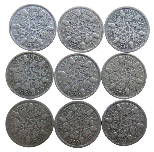 1928 - 1936 King George V Silver Sixpence Run of 9 Coins