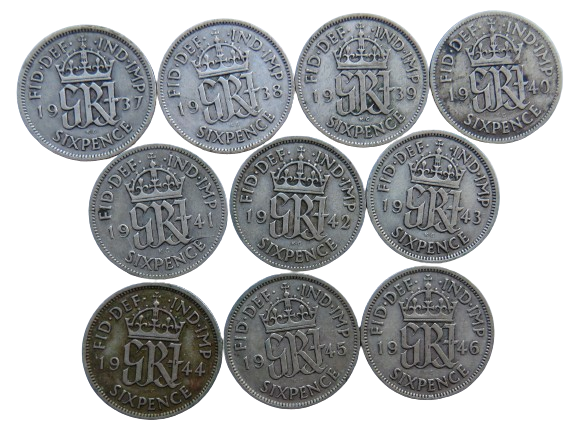 1937 - 1946 King George VI Silver Sixpence Run of 10 Coins.