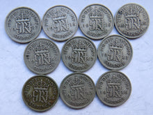 Load image into Gallery viewer, 1937 - 1946 King George VI Silver Sixpence Run of 10 Coins.

