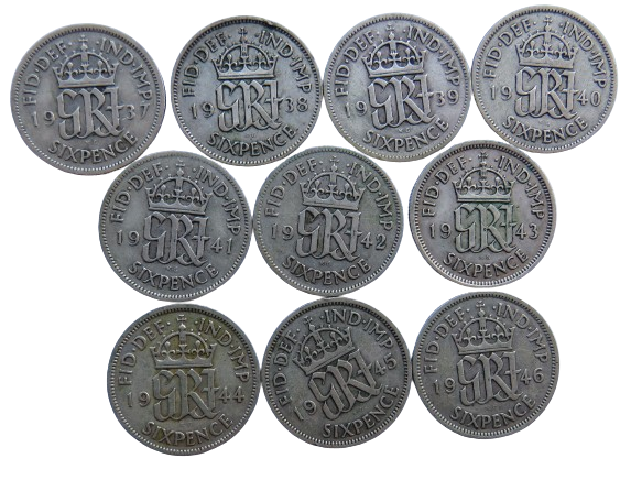 1937 - 1946 King George VI Silver Sixpence Run of 10 Coins