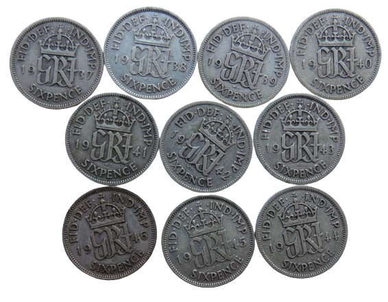 1937 - 1946 King George VI Silver Sixpence Run of 10 Coins