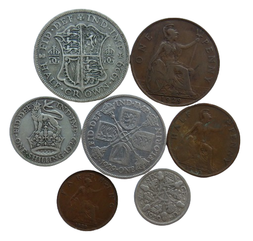 1929 King George V 7 Coin Year Set Halfcrown - Farthing Great Britain